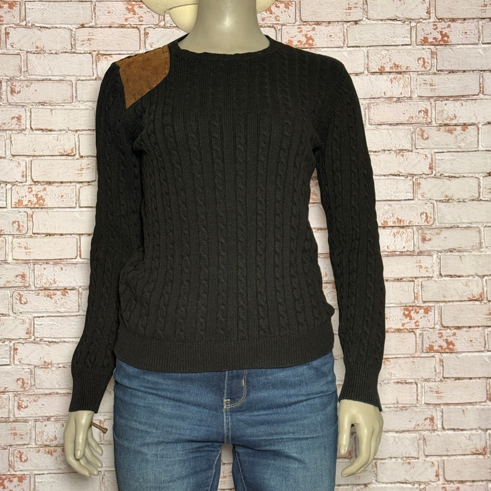 Lauren Ralph Lauren Black Cable Knit Sweater Suede Shoulder Patch XL Womens
